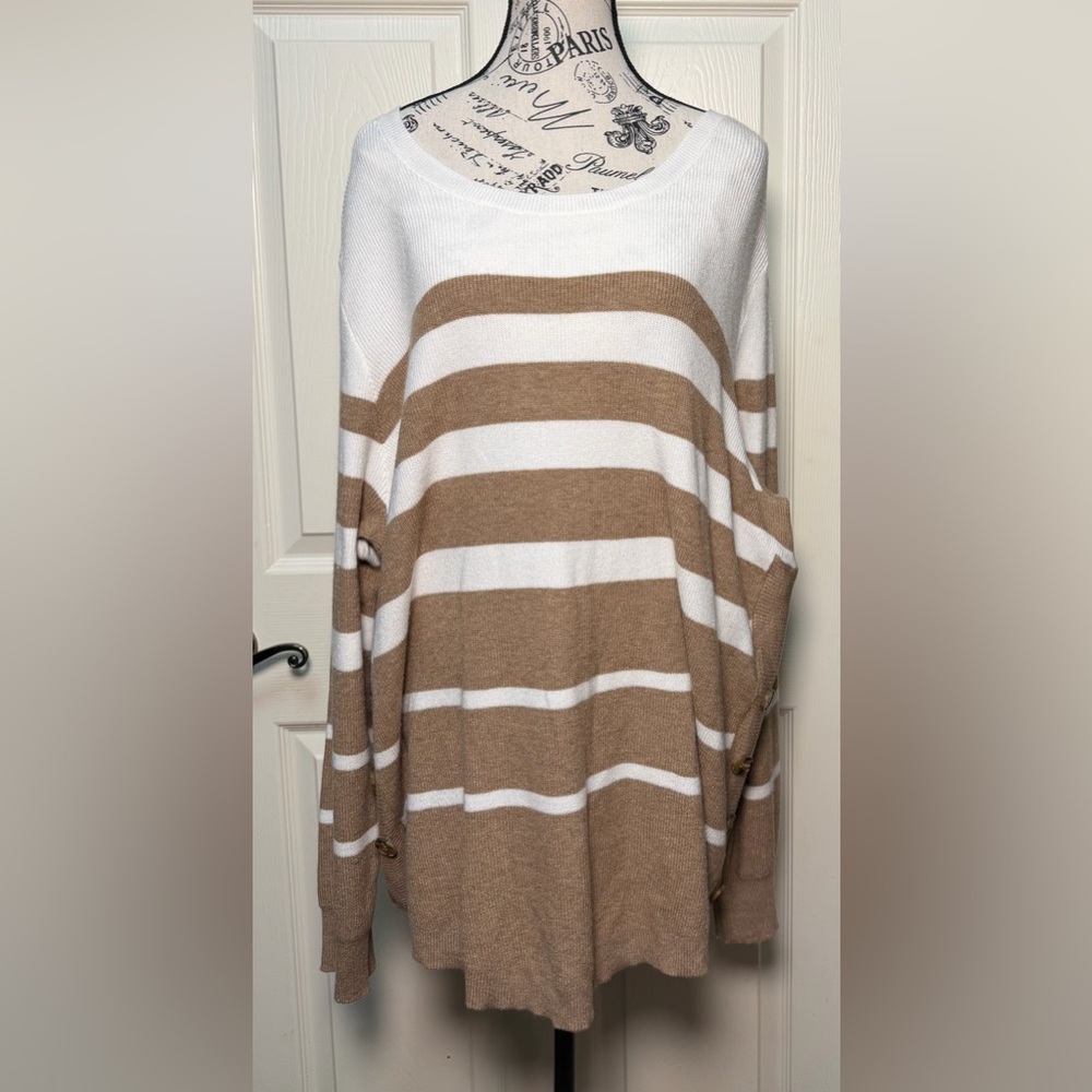 Kathy Ireland Tan and White Striped Crew Sweater